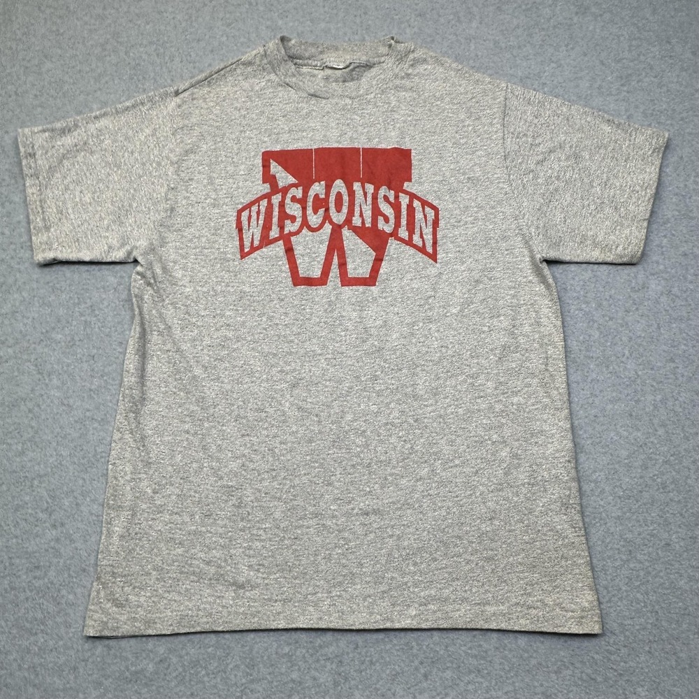 VTG Wisconsin Badgers T-Shirt Mens L‎ Gray 90s Single Stitch MacGregor Sand Knit